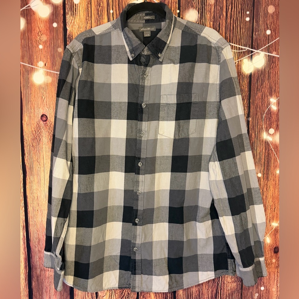 Eddie Bauer Black and White Flannel Plaid 100% Cotton Button Down Shirt